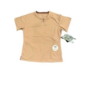 IguanaMed Womens Tan Khaki Scrub Top Short Sleeve Henley Neck Pockets Size Small